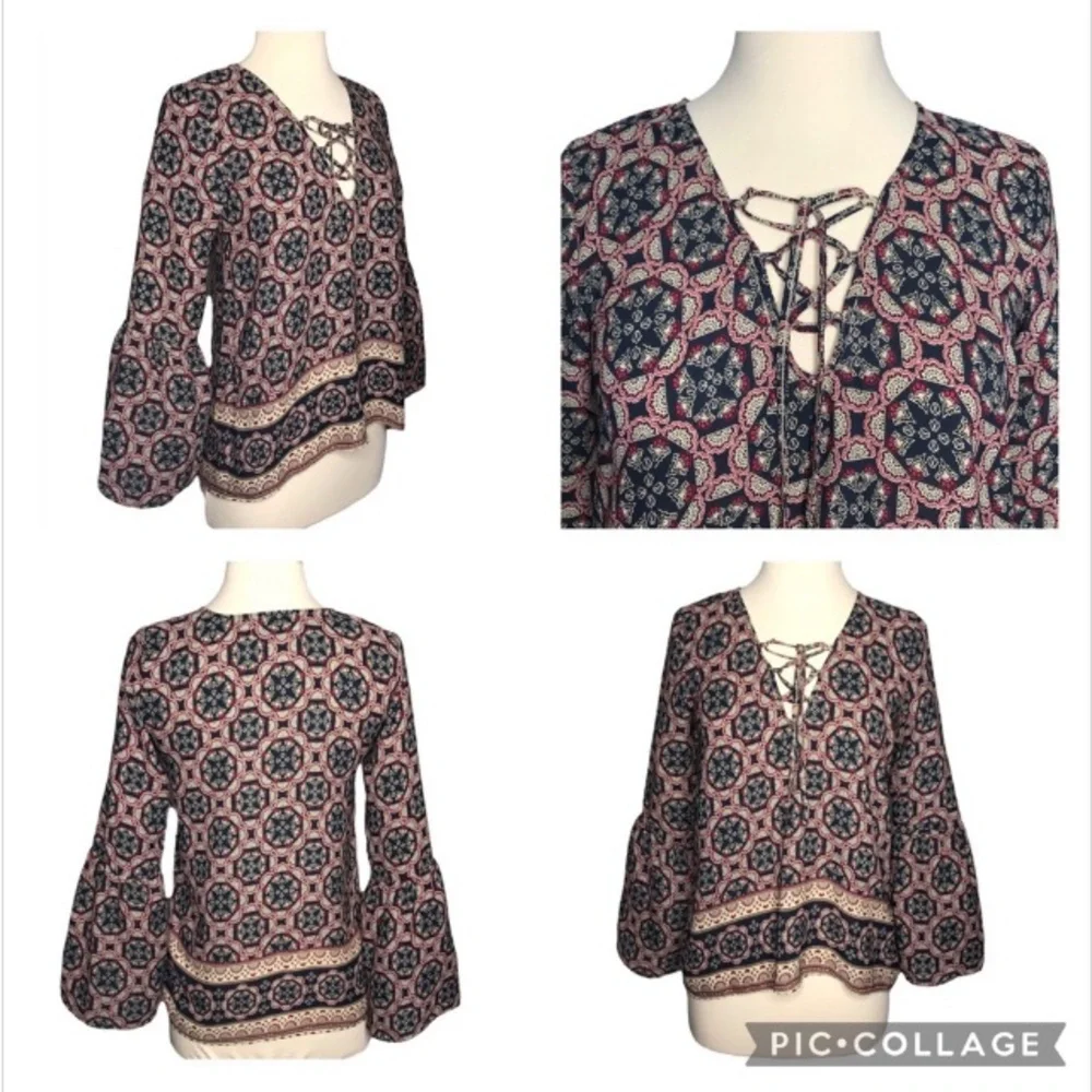 Abercrombie A&F Boho Tie V-Neck Bell Sleeve Blouse Top Peasant Hippie EUC SZ XS